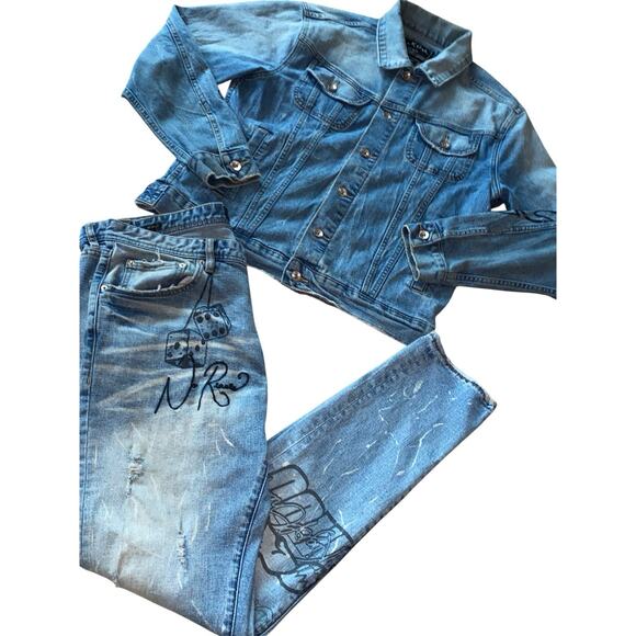 VTG AKOO Redline 2 Piece Denim Set Button Up Jean Jacket & Pants SZ M TOP 36X32 - Picture 5 of 16